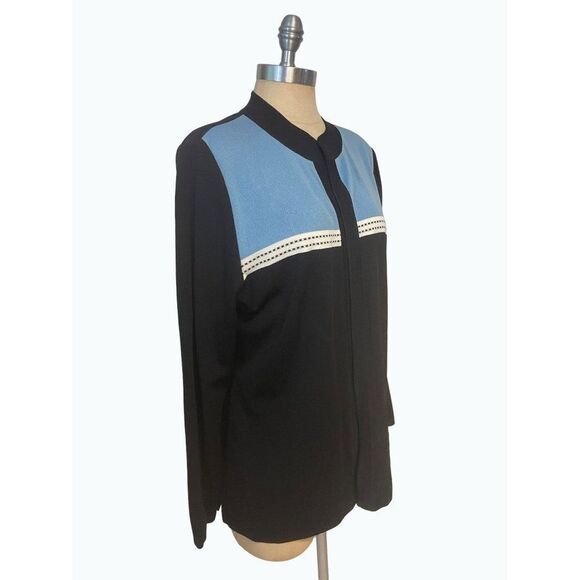 Exclusively Misook Black Blue trim Acrylic Open Cardigan XL - Picture 2 of 5